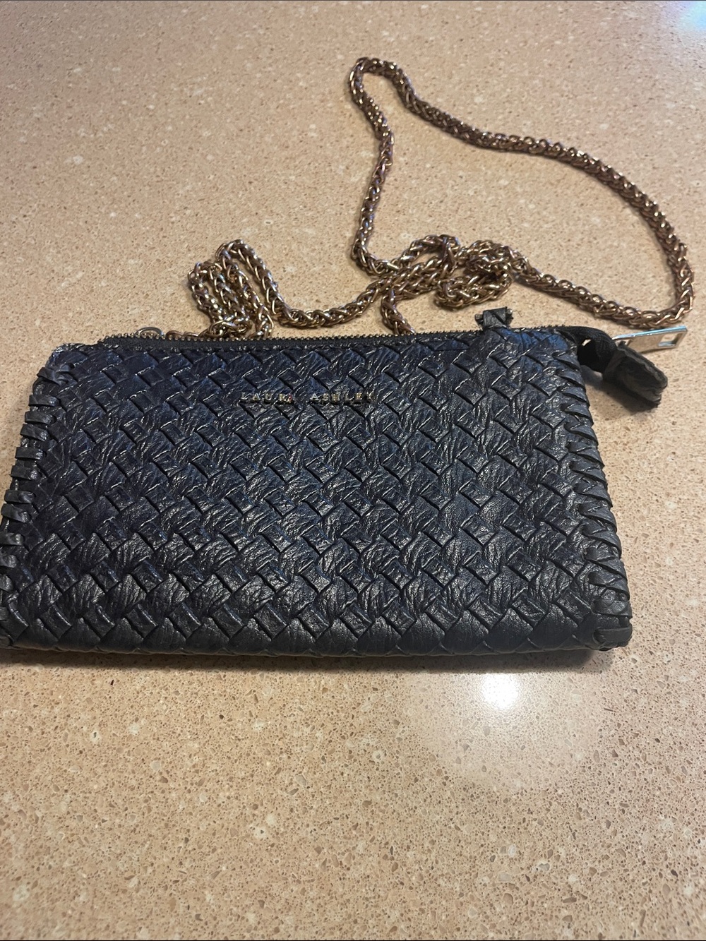 Laura Ashley Black Woven Crossbody with Gold Chain
